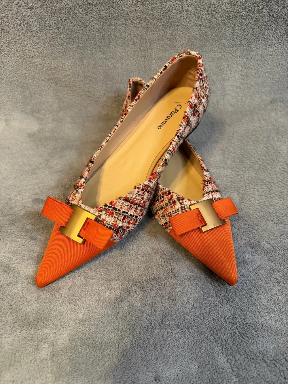 C. Paravano Women's Tweed Ballet Flats Pointed-toe Orange Size US 10/EU 40.5